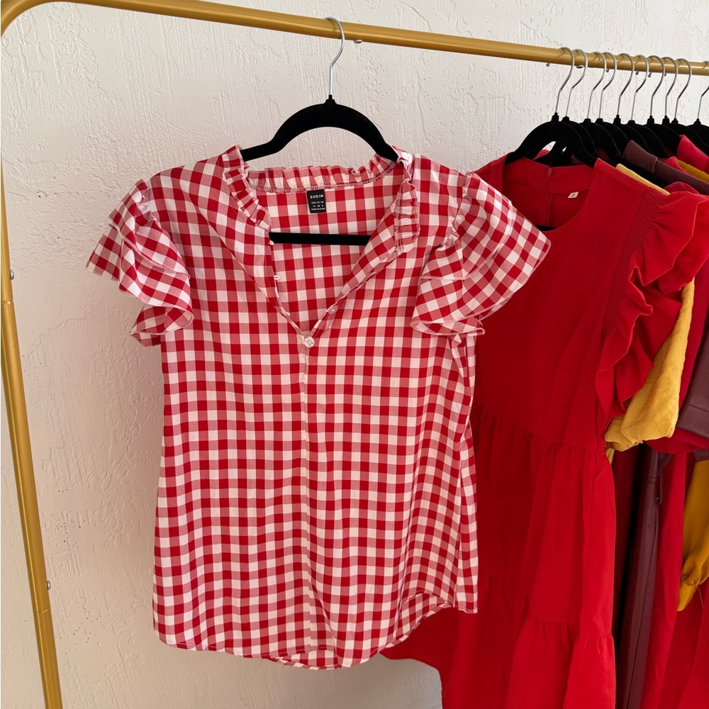 Red Gingham Ruffle Sleeve Top